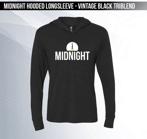 MIDNIGHT - Vintage Black Hooded Long-sleeved Triblend Tee